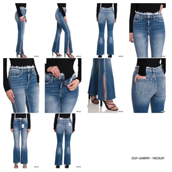 $15 start 91 ๐ FRAYED EDGED WAIST FLARE DENIM JEANS WITH SIDE
SLITS - Picture 4 of 6